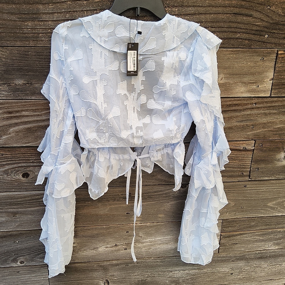 Prettylittlething Baby Blue Floral Organza Ruffled Sheer Tie Crop Top Size 4 - Picture 8 of 9